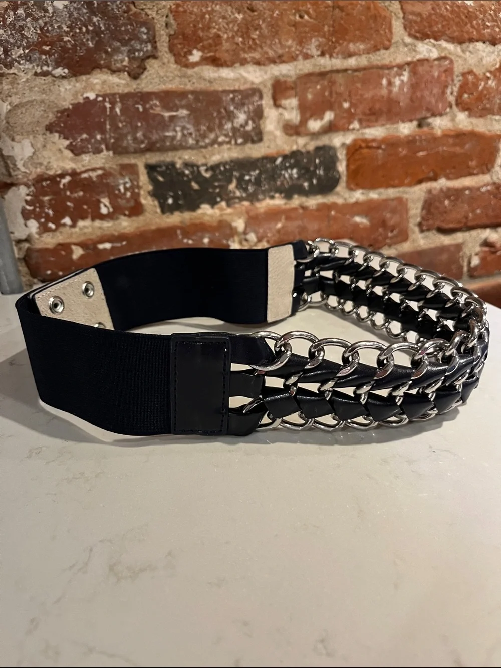 Women’s Navy Elastic Chain-Accent Belt